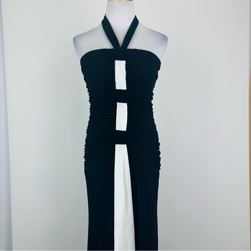 Jessica McClintock Black White Contrast Jersey Stretch Halter  Dress Size 6